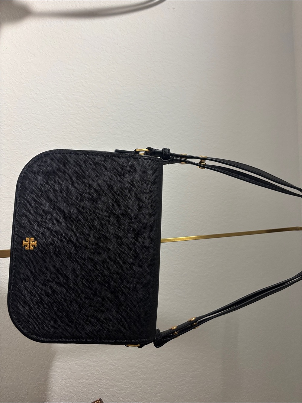 Tory Burch Black Saffiano Leather Shoulder Bag with Gold Logo